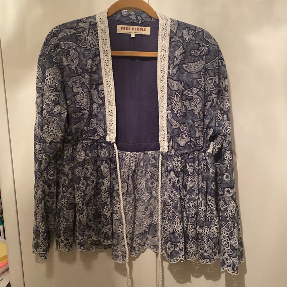 Free People Navy and White Floral Cardigan/Jacket GYPSY BOHO